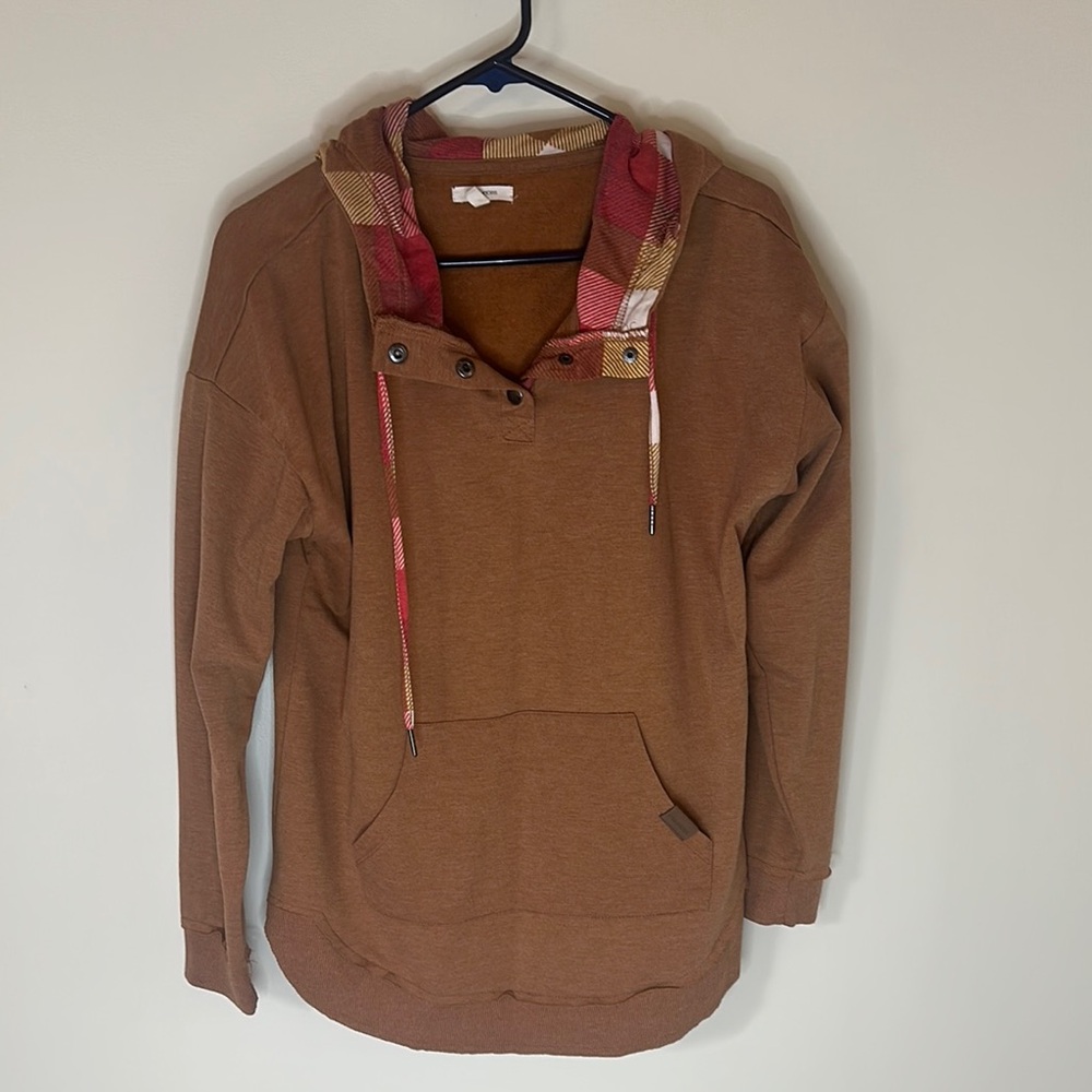 Maurices Brown Hoodie with Plaid Accents